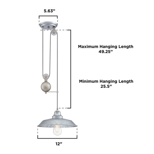 Westinghouse 6117000 Iron Hill Vintage-Style One-Light Indoor Pulley Pendant Light, Galvanized Steel Finish, Metal Shade