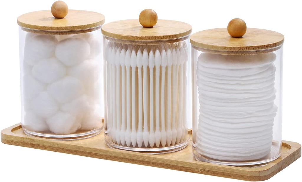 Tbestmax Cotton Swab Holder Set - Clear Apothecary Jar with Wood Lids | 10 Oz Bathroom Storage Containers (3 Pack)