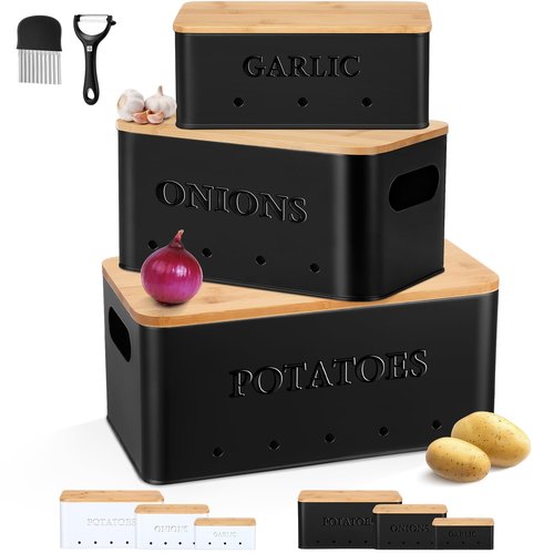 Honeydak 3 PCS Potato Onion Garlic Storage Bins Set, Metal Vegetable Keeper Containers with Lids Aerating Holes for Kitchen Counter Pantry Keep Fresh Longer Farmhouse for Sweet-potato Fruit(Black)