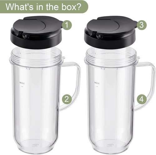 Magic Bullet 22oz Tall Mug Cups - 4-Piece Set with Flip-Top To-Go Lids for MB1001 Blender