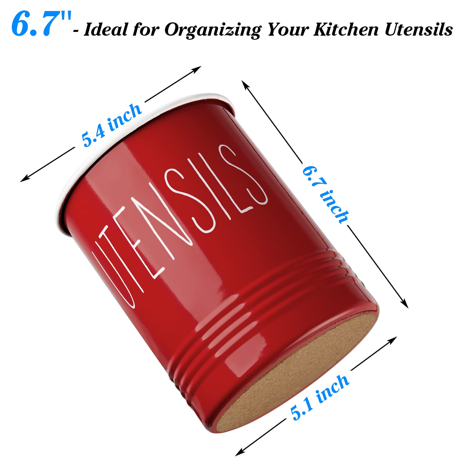 Bivvclaz Kitchen Utensil Holder - 6.7" Utensil Holder for Kitchen Counter - Cooking Utensil Crock with Cork Bottom - Red Decor and Accessories - Countertop Utensil Storage Caddy Organizer