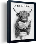 Orvannaatr Highland Cow Wall Art - Humorous Sketch of Cow on Toilet for Fun Bathroom Décor