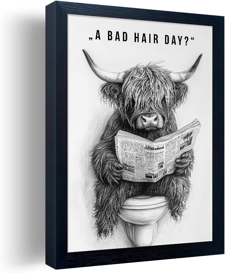 Orvannaatr Highland Cow Wall Art - Humorous Sketch of Cow on Toilet for Fun Bathroom Décor