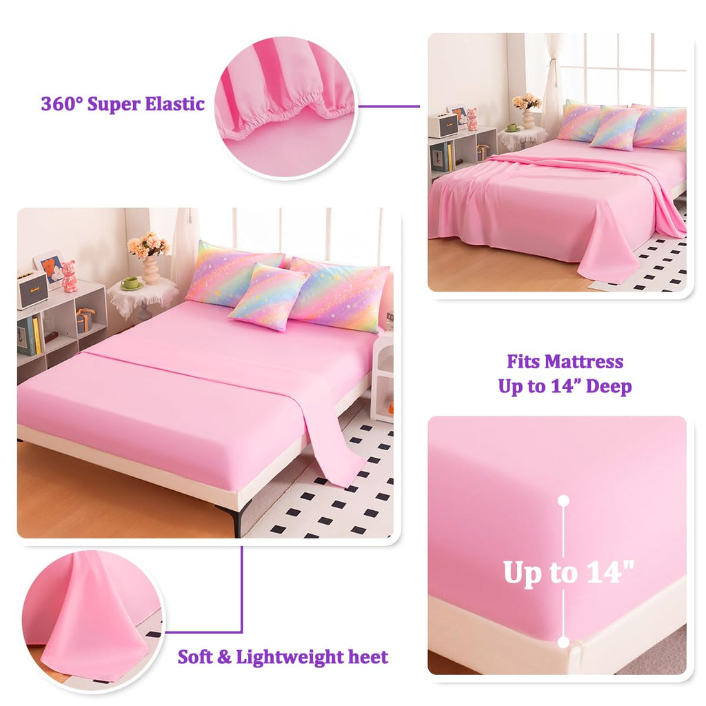 ASKOTU Full Size Bedding Sets for Girls, 6 Pcs Bed in A Bag Full Glitter Galaxy Bedding Set, Girls Pink Rainbow Comforter Set with Sheets