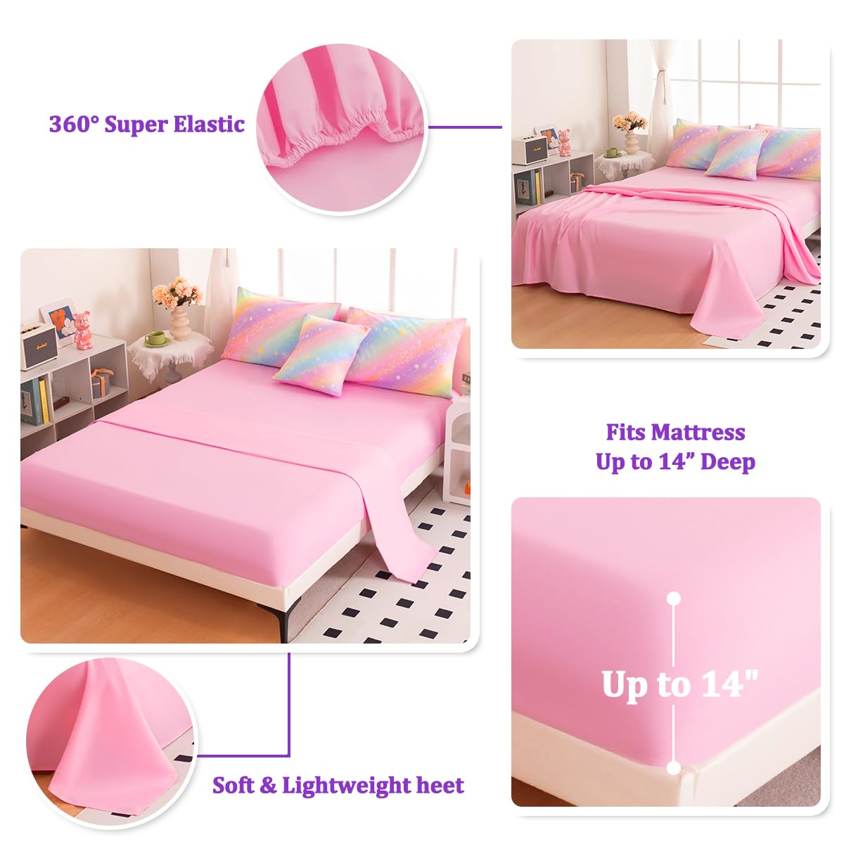 ASKOTU Full Size Bedding Sets for Girls, 6 Pcs Bed in A Bag Full Glitter Galaxy Bedding Set, Girls Pink Rainbow Comforter Set with Sheets