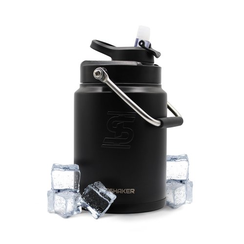 Ice Shaker Insulated Stainless Steel Half Gallon Water Jug | 64 oz, Black | Stays Cold for 60+ Hours | Multi-purpose lid | Odor-Free Outdoor Water Jug for Sports, Camping, Hiking, Working Out