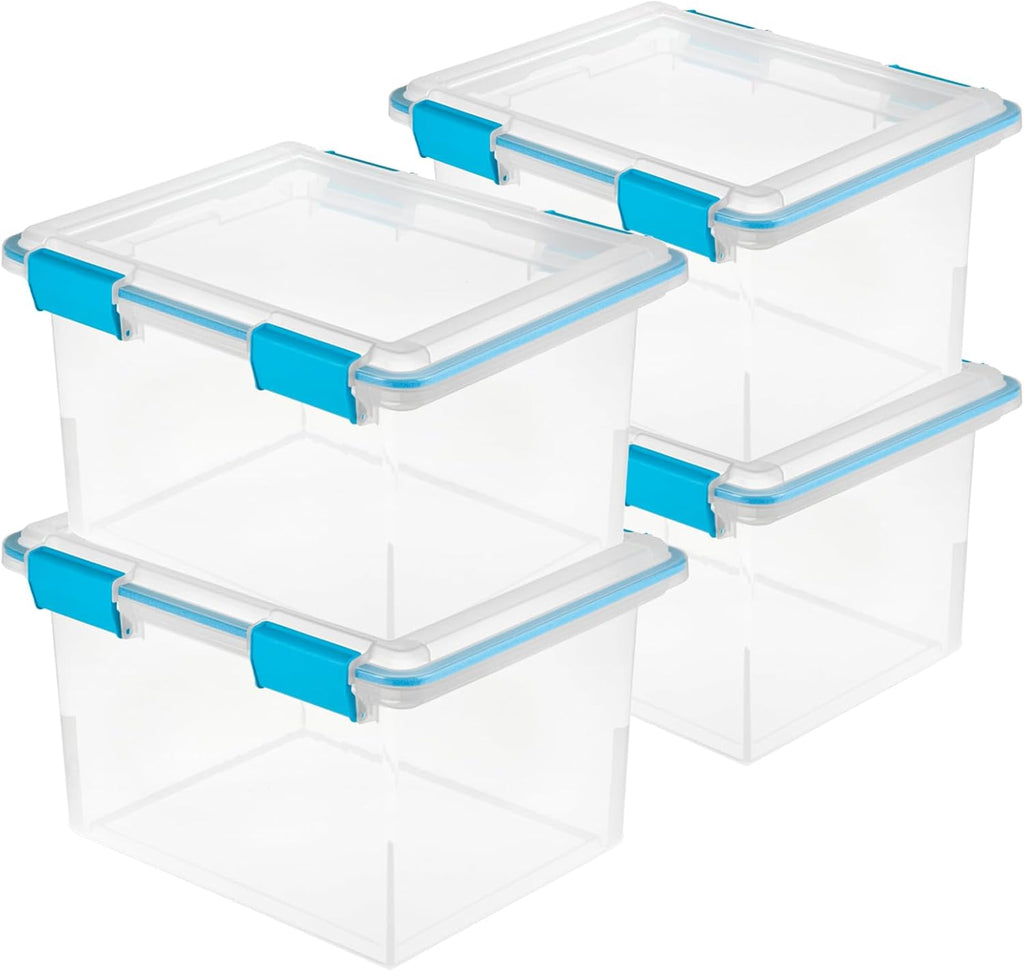 Sterilite 32 Quart Gasket Box - Weather-Resistant Storage Bins with Latching Lids | 4-Pack Heavy-Duty Organizers