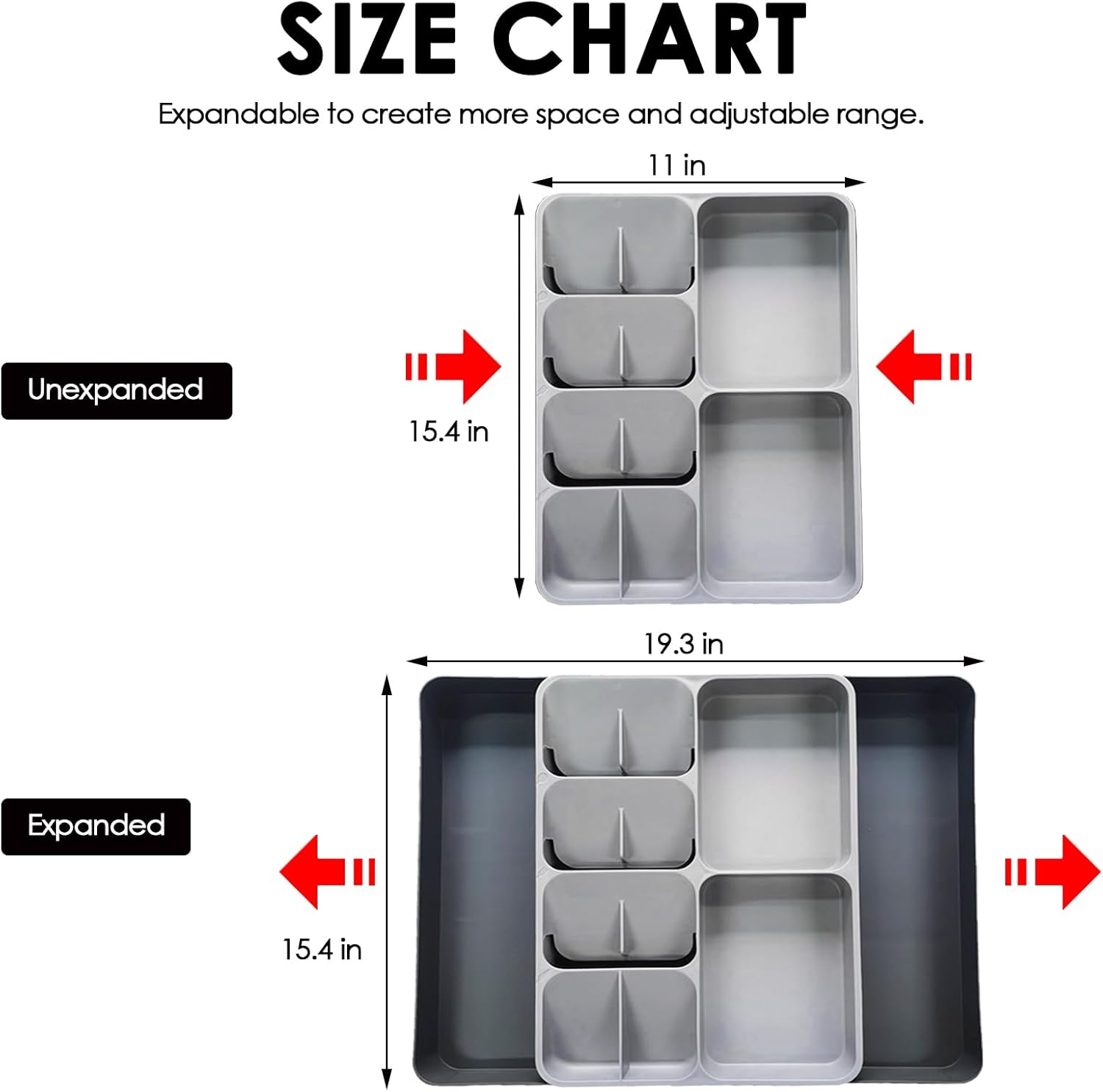 Skiennix Expandable Cutlery Drawer Organizer - Adjustable Plastic Utensil Tray for Forks, Spoons & Knives - Large Grey