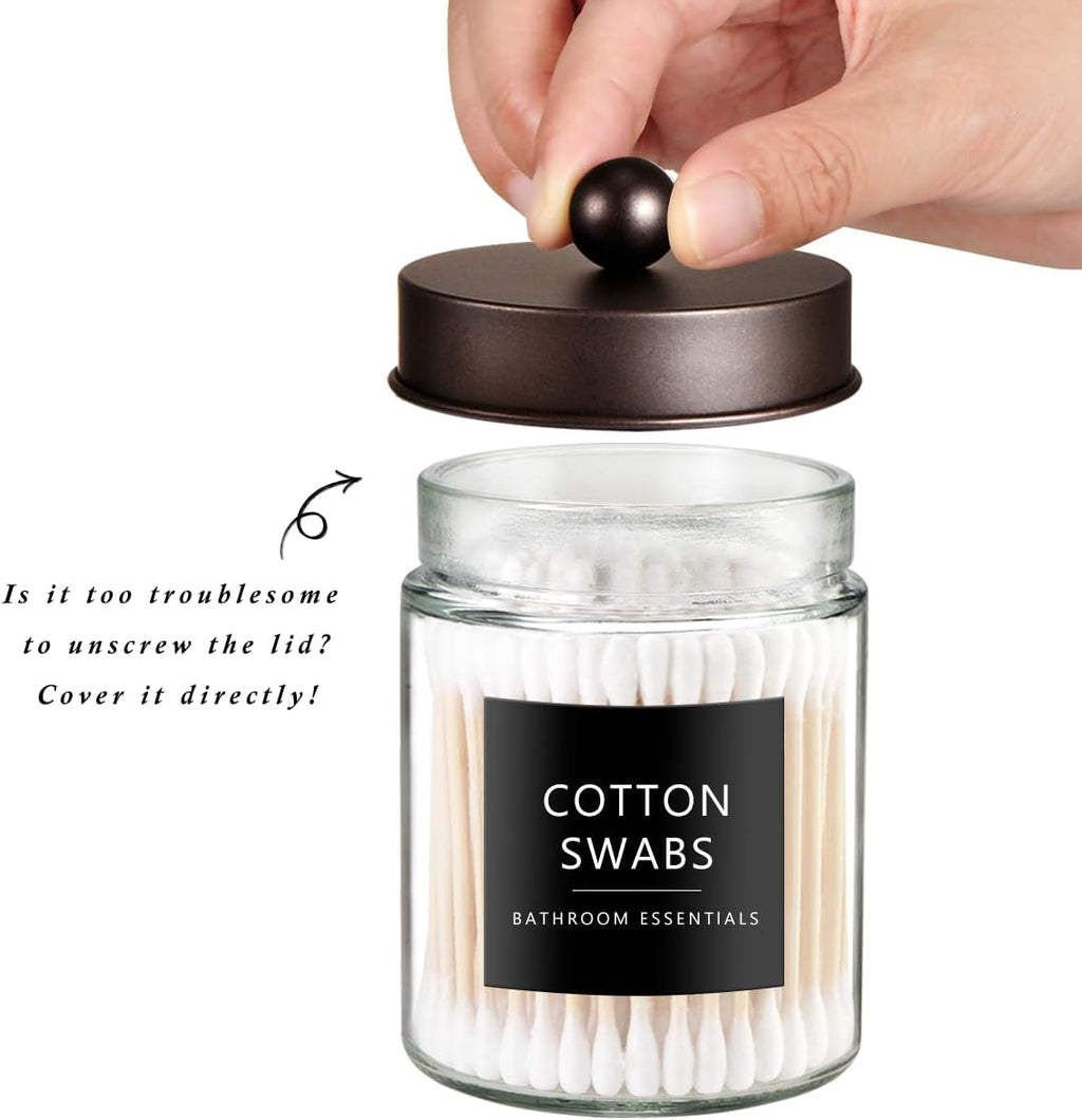 SheeChung Qtip Dispenser Holder Set - 4 Glass Apothecary Jars with Bronze Lids & Stickers | Bathroom Organizer