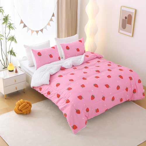Gusuhome Girls Strawberry Comforter Set Full Size Pink Bedding Set for Kids Teens 3 Piece Young Lady Kawaii Bedding Bed in a Bag All Season