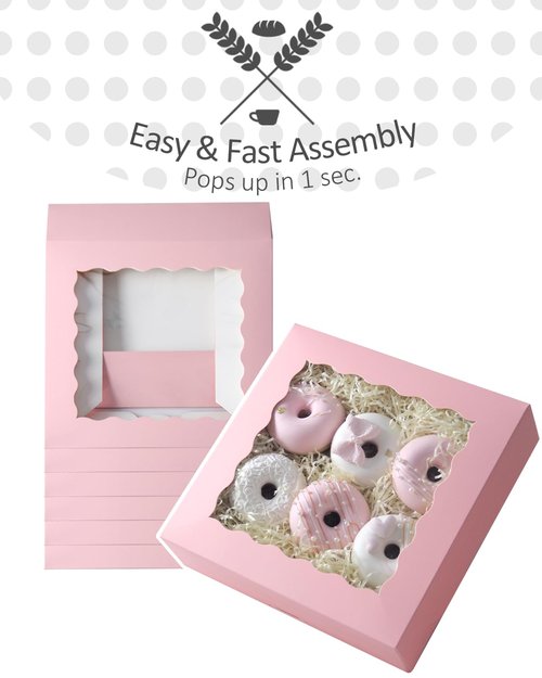 qiqee 10x10x2.5 Inch Pink Pie Boxes with Window 12Packs Cookie Donut Bakery Box (Auto-pop Up)