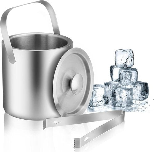 Mini Ice Bucket Portable Double Wall Ice Bucket with Tong,Stainless Steel Hotel Bucket/Champagne/Beverage Bucket,Size 1.3 Liters 5.5 x 5.5 in,Serveware for Party,Event,and Camping.