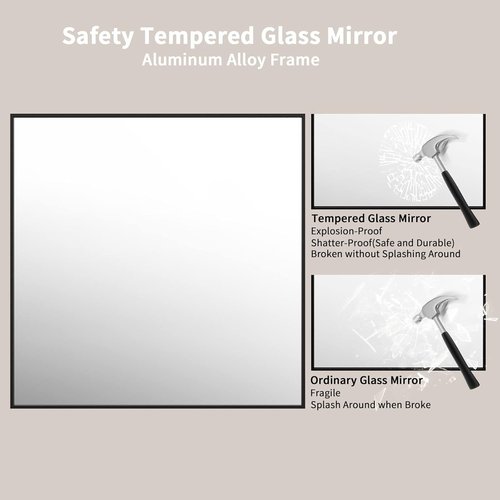 LOAAO Black Rectangle Bathroom Mirror - 36"x36" Matte Black Aluminum Frame, Tempered Glass, Versatile Hanging Options