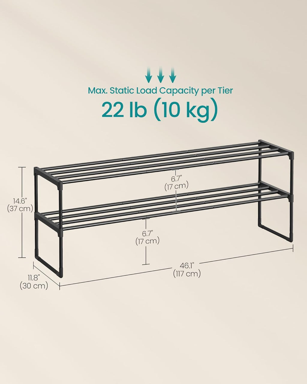 SONGMICS 2-Tier Shoe Rack - Stackable Metal Organizer for 15-18 Pairs | Black, 11.8 x 46.1 x 14.6 Inches