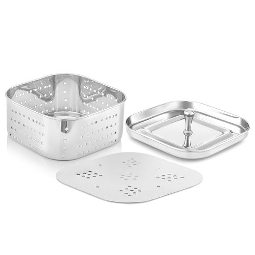 KSJONE Stainless Steel Square Paneer Maker/Mould/Strainer Perfect for Making Delicious Tofu, Stainless Steel Paneer Maker with Top Pressing Lid - Size 5.11"W x 5.11"L x 2.3"H inches