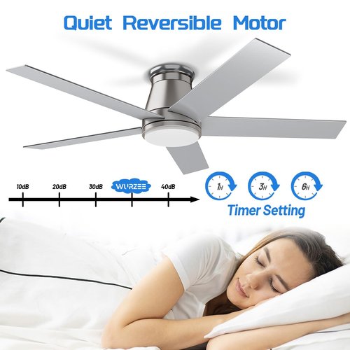 wurzee 52" Flush Mount Ceiling Fan Brushed Nickel Ceiling Fan 6 Speeds DC Reversible Motor, Timing, Dimmable, 5 Blades for Bedroom,Living, Dining Indoor Patio Porch Garage Shop