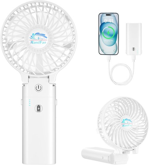 HandFan Portable Handheld Fan - 5200mAh Rechargeable, 3 Speeds, 180° Foldable, 20H Runtime | Ideal for Travel & Outdoor Use (White)