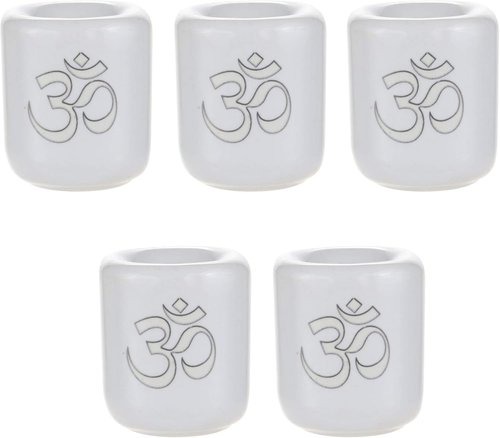 Mega Candles Ceramic Silver Om Chime Ritual Candle Holder - Set of 5, White