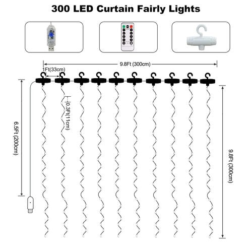 echosari 300 LED Curtain Lights, 9.8Ft x 9.8Ft USB Plug in Christmas Fairy Curtain Lights with Remote, Hanging String Light for Bedroom Backdrop Window Wall Wedding Decor, Warm White