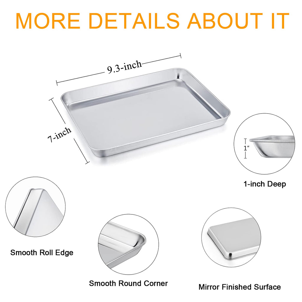 TeamFar Toaster Oven Pans, 9.3'' x 7'' x 1'' Stainless Steel Compact Toaster Oven Tray Ovenware, Healthy & Heavy Duty, Roll Edge & Mirror Finish, Easy Clean & Dishwasher Safe-2 PCS