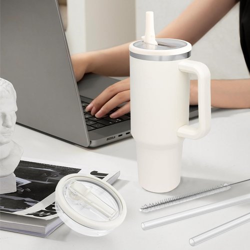 40 OZ Tumbler Flip Straw Lid for Stanley Quencher, Spill Proof Lids Replacemen, Non Spill Straw TOP Cover Replacement Accessories with Brush White