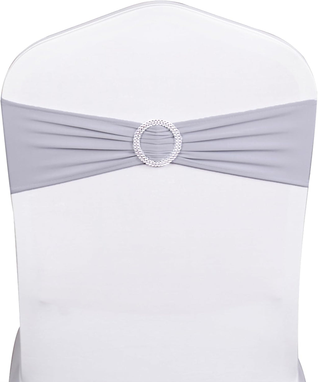 Skiennix 50 Pack Spandex Chair Sashes - Silver Grey with Slider Buckles for Weddings & Events