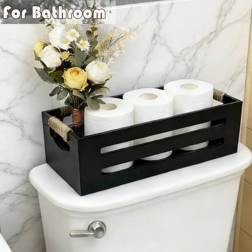 Ayxeute 2 Pack Rustic Wooden Bathroom Storage Crates - Anti-Slip Toilet Tank Organizer with Rope Handles for Bathroom, Kitchen, Living Room
