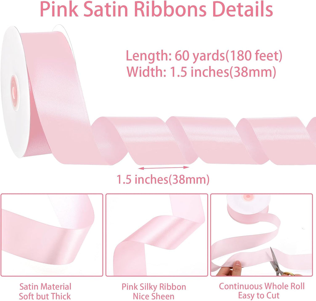 Woric Pink Ribbon - 1.5 Inch Light Pink Satin Ribbon | 60 Yards for Weddings & Crafts