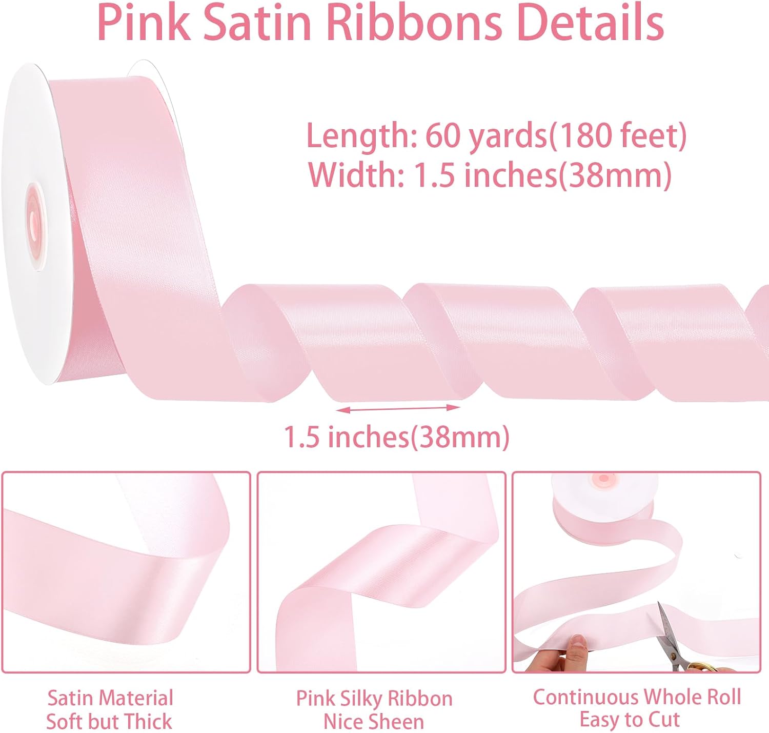 Woric Pink Ribbon - 1.5 Inch Light Pink Satin Ribbon | 60 Yards for Weddings & Crafts