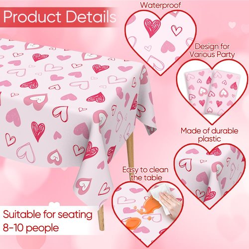 Valentines Tablecloth, 3Pack Valentines Day Tablecloth Decorations, 54x108 Inch Pink Heart Valentine Table Cloth Rectangle Disposable Table Cover for Valentine's Day Anniversary Wedding Party Supplies