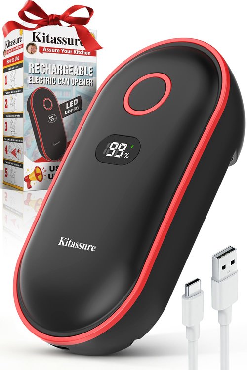 Kitassure Handsfree Smart Touch Rechargeable Electric Can Opener Easy Flex Side Cut All Can Sizes with LED Display and Smooth Edge Safety for Arthritis & Seniors, Auto Kitchen Christmas Gifts (Black)