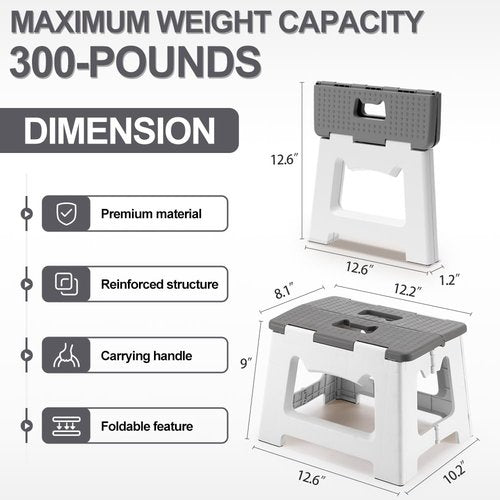 ZLMHYYM 9'' Folding Step Stools for Kids and Adults, Hold Up to 300 lbs, Portable Foldable Step Stool for Toddlers, Plastic Small Collapsible Stepping Stools with Handle for Kitchen Bathroom (Gray)