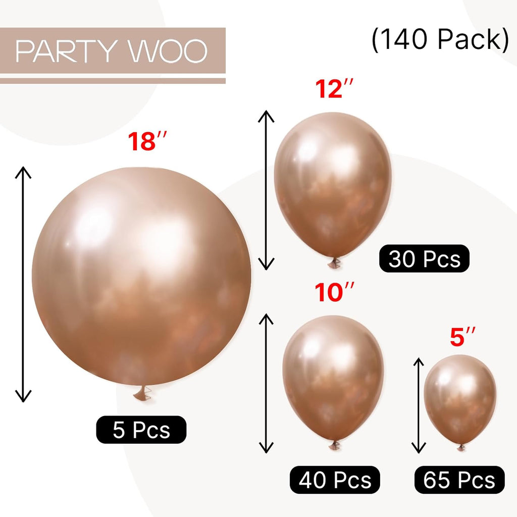 PartyWoo Metallic Rose Gold Balloons - 140pcs Chrome Champagne Gold Set | Various Sizes for Birthday & Anniversary Decor