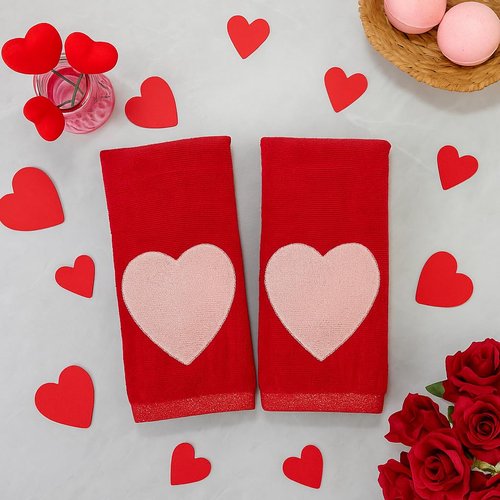 Serafina Home Valentine Bathroom Fingertip Towels - Set of 2 Red, 100% Cotton, Embroidered Stitched Pink Heart Design, 12" x 18" Inches, Decorative Bath Kitchen Hand Towels