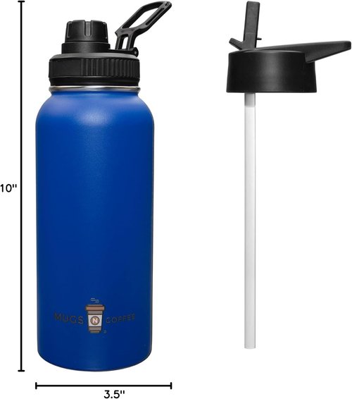 Mugs N Coffee 32 oz Stainless Steel Water Bottle - Blue Vacuum Insulated Travel Mug with Two Lids | Double Wall, Leak-Resistant, BPA-Free