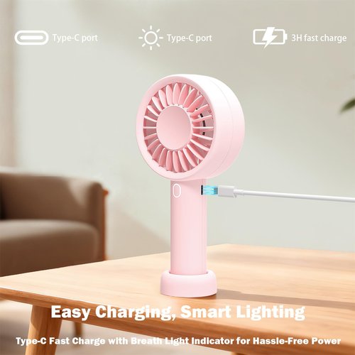 Mizong Portable Handheld Fan, USB Personal Fan Rechargeable Battery Operated 10H Working Cooling Time Mini Small Design with Base for Desktop/Travel/Outdoor/Vacation/Concerts/Lash Makeup-Pink