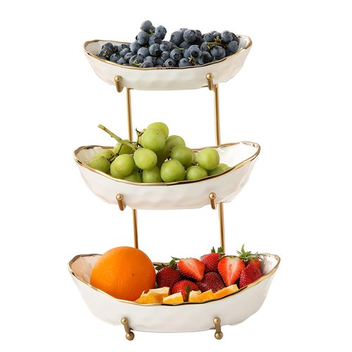 YYW 3 Tier Fruit Bowl for Kitchen Counter, White Ceramic Fruit Basket for Countertop, Home Fruit Stand with Metal Holder, Vegetable Bowl Snacks Nuts Bread Candy Storage (Gold 3-layer)