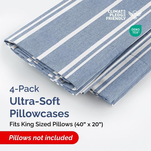 King Pillow Cases by Hotel Luxe - Ultra Soft, Wrinkle-Free & Fade Resistant - 4 Piece Set in Blue Stripes