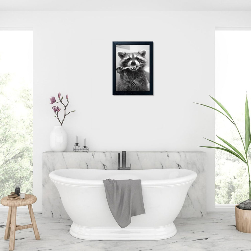 Raccoon Bathroom Art | Funny Black and White Animal Wall Decor | Framed Brushing Teeth Print