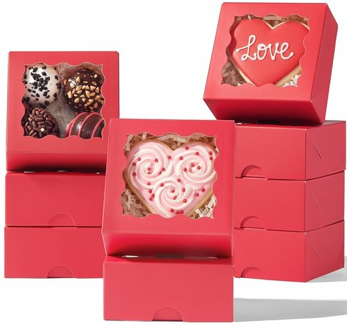 JCXGRVC 50PCS 3.25x3.25x1.5 inches Red Small Bakery Boxes with Window - Cookie Macaron Mini Cake & Truffle Gift Boxes for Christmas Gifts Birthday Wedding Valentine's Day Party Favors