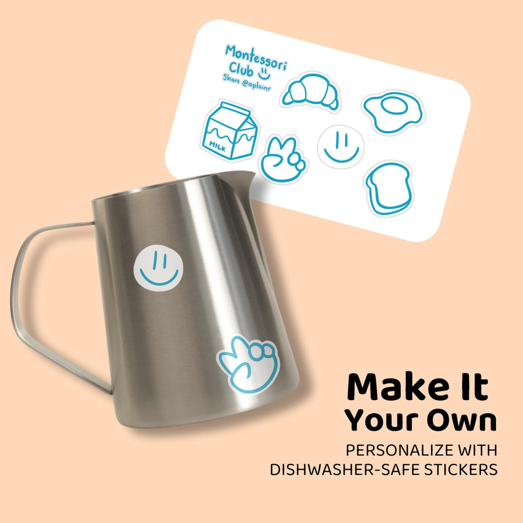 APLAINR Montessori Pitcher for Toddlers & Kids, Mini Stainless Steel Pitcher for Children, Small Milk & Water Jug for Montessori Pouring Practice, Personalize with Stickers, 11 fl oz, 3.8 inch High