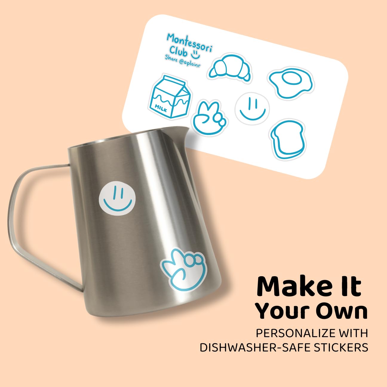 APLAINR Montessori Pitcher for Toddlers & Kids, Mini Stainless Steel Pitcher for Children, Small Milk & Water Jug for Montessori Pouring Practice, Personalize with Stickers, 11 fl oz, 3.8 inch High