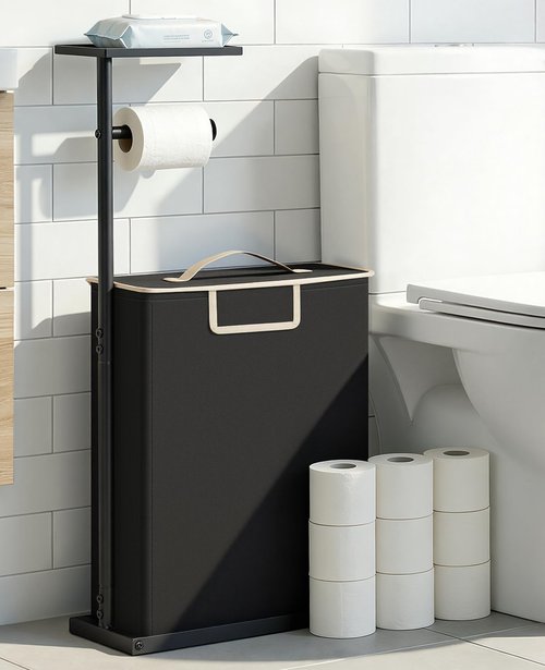 Freestanding Toilet Paper Holder Stand with Shelf for Up to 12 Rolls,Rustproof Metal Bathroom Toilet Paper Storage with Lid, All-in-One Toilet Tissue Roll Dispenser and Organizer,Black