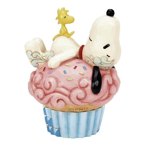 Enesco Peanuts by Jim Shore Collection Snoopy and Woodstock Laying on Cupcake Figurine- Stone Resin Hand Crafted Painted Collectible Peanuts Snoopy Figurines Birthday Home Decor Statue, 5.31 Inch