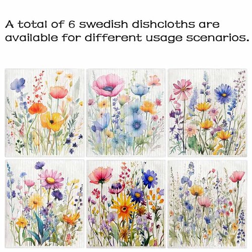 Flowing Fun Swedish Dishcloths for Kitchen – 6 Pack Cellulose Reusable Cleaning Paper Towels – Soft, Quick-Drying, Washable Dish Rags for Kitchen, Counters & More (Flower)