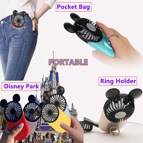 Generic Cute Mouse Personal Mini Fan, Handheld USB Rechargeable Fan with Pretty LED Light, 3 Adjustable Speeds with Portable Holder, for Indoor Or Outdoor Park School, Blue