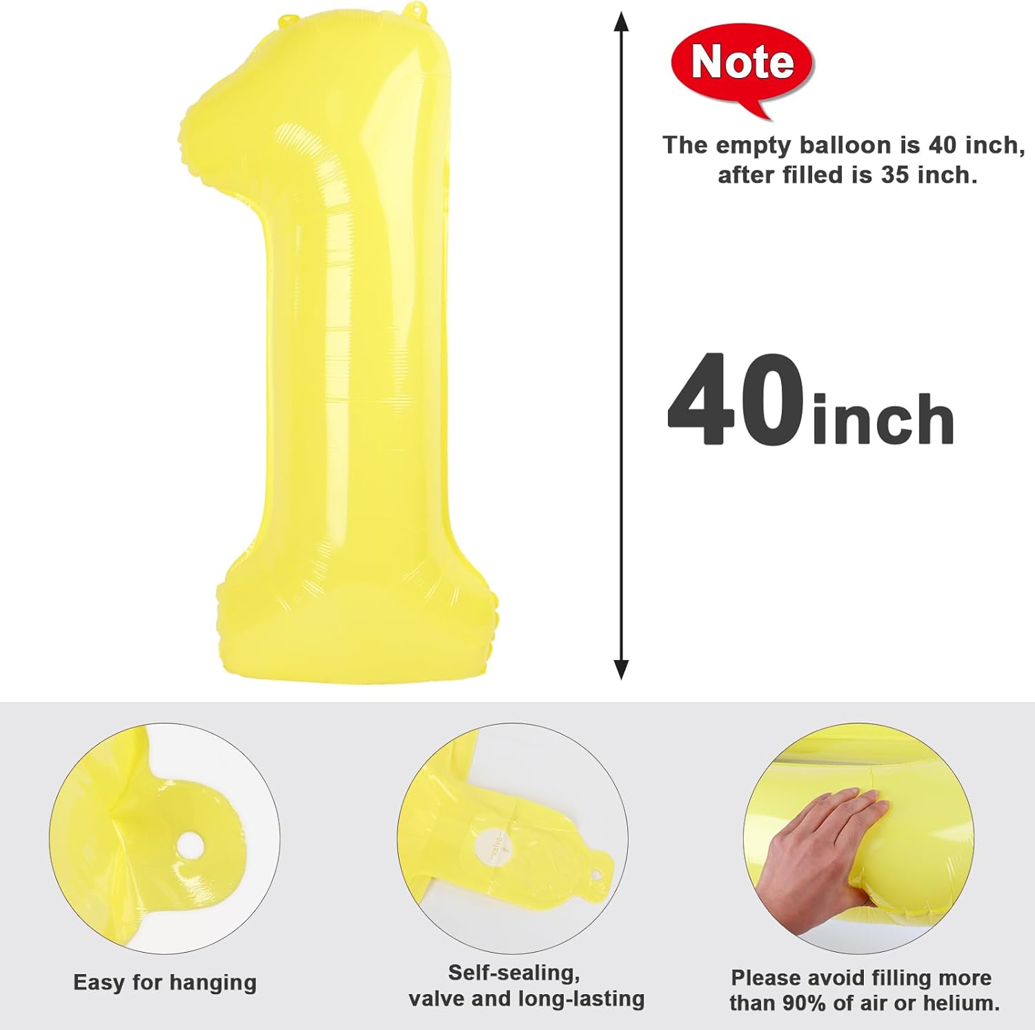 Number Balloons - 40 Inch Yellow '1' Balloon for 1st Birthday Party Decorations & Baby Showers