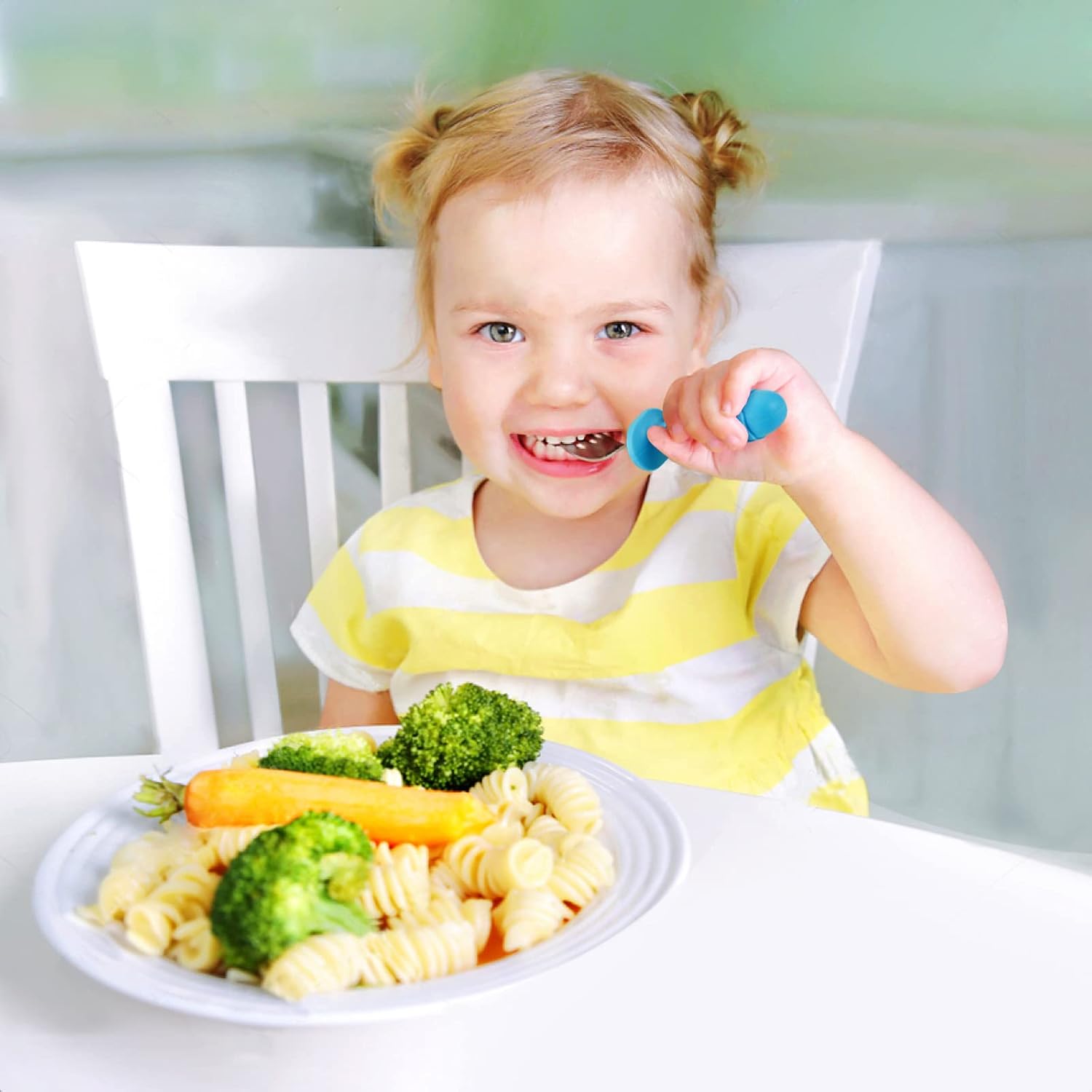 PandaEar Baby Toddler Utensils Set - 6-Piece Silicone & Stainless Steel Silverware | BPA-Free, Anti-Choke Design (Blue, Green, Beige)