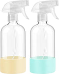 Skiennix Glass Spray Bottles - 16 oz Reusable with Adjustable Nozzle & Silicone Sleeve | 2 Pack in Pale Yellow & Mint Green