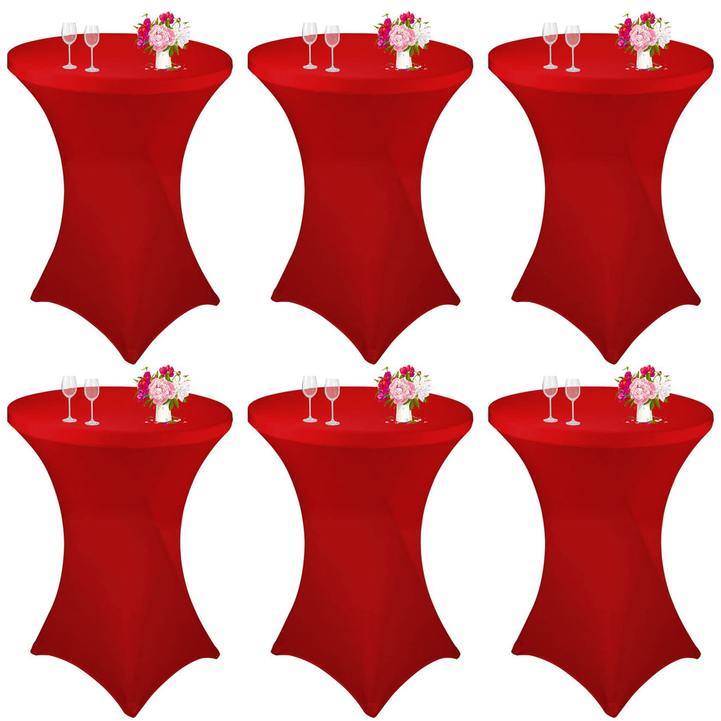 JALANCY 6 Pack Cocktail Spandex Tablecloth 32"x43" Red Stretch Square Corners Cocktail Table Cover Fitted High Top Round Table for Bar Wedding Birthday Party Banquet